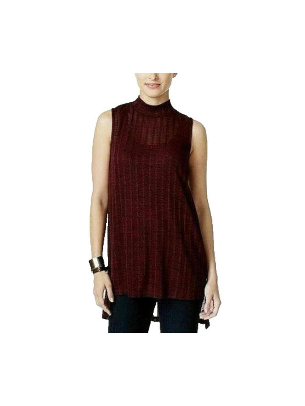 NWT ALFANI Petite Maroon High-Low Knit Top Sleeveless Mock Neck 2-Pc Blouse PL